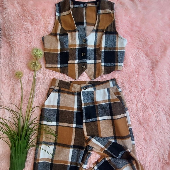 2 Piece Coffee Brown Plaid Cropped Trouser Pants & Vest Matching Set - Picture 16 of 16